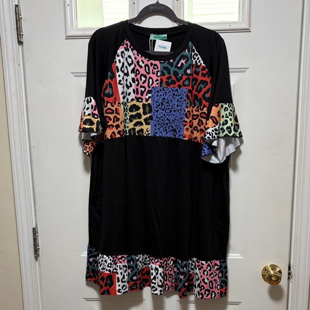 Colorful Leopard Print Ruffle-Sleeve Mini Dress - Black